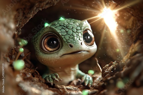 Curious baby dinosaur hatchling with scaly green reptilian skin big expressive eyes and head crests exploring a hidden cavern filled with glowing bioluminescent fungi and crystals photo