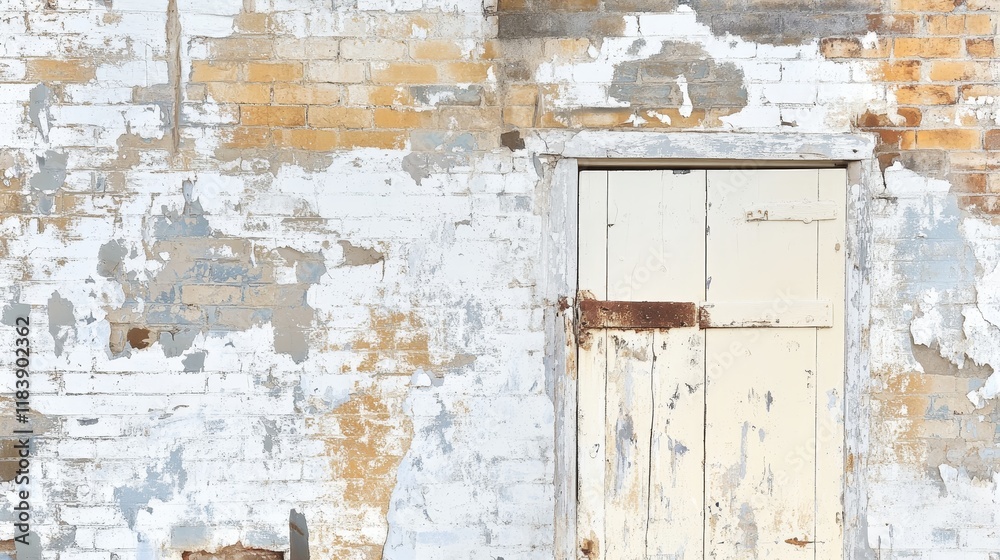 Old weathered cream painted wooden door set into an ancient brick wall, with peeling weathered white paint, showcasing rustic charm, the passage of time in urban architecture and historical buildings Old weathered cream painted wooden door set into an ancient brick wall, with peeling weathered white paint, showcasing rustic charm, the passage of time in urban architecture and historical buildings