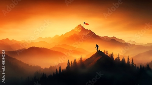 Silhouetted hiker ascending a dramatic scenic mountain trail a flag waving atop the distant peak detailed mountainous landscape under cinematic lighting wistful and adventurous highly digital art photo