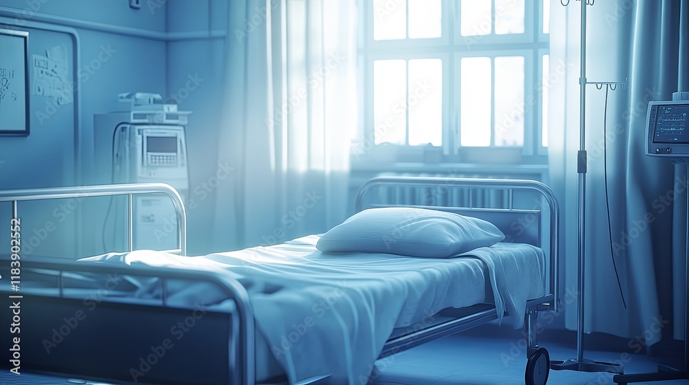 Serenity in a Hospital Ward: Neatly Made Bed with Natural Light Filtering Through Window, Surrounded by White Walls and Medical Equipment Serenity in a Hospital Ward: Neatly Made Bed with Natural Light Filtering Through Window, Surrounded by White Walls and Medical Equipment