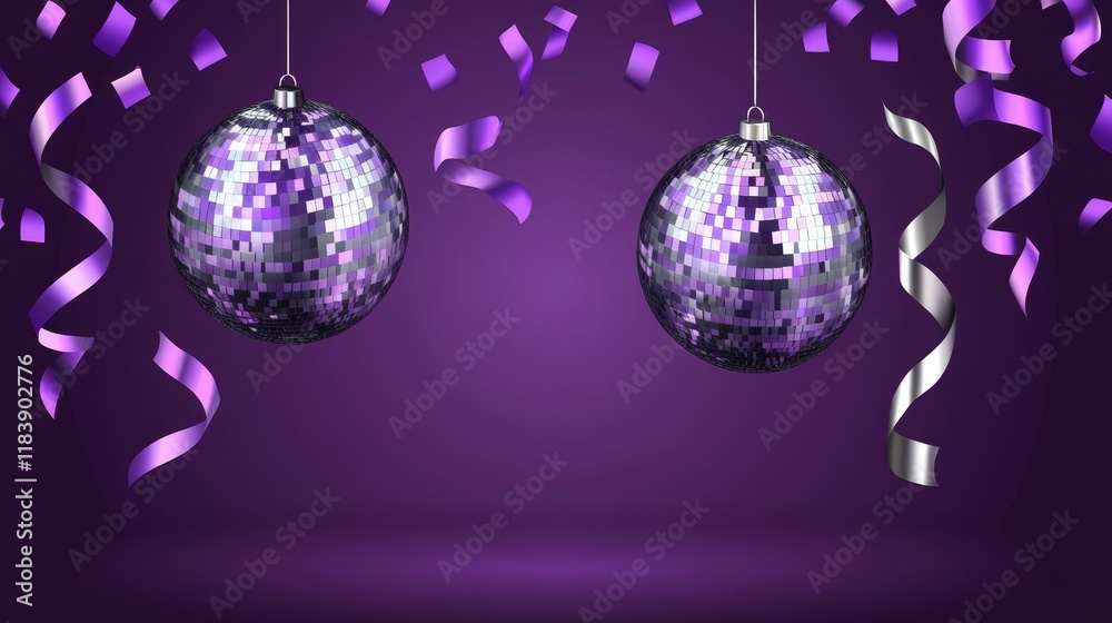 Fototapeta premium Vibrant purple disco ball ornaments on a violet background, reflecting shimmering light, perfect for party, celebration, and festive decoration themes