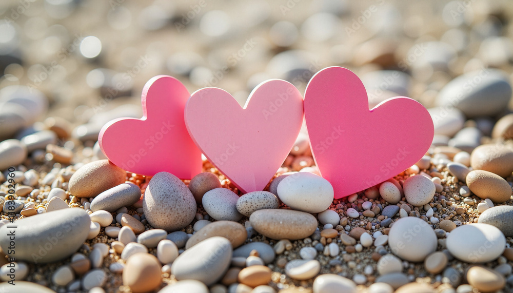 Fototapeta premium Pink hearts on pebbles at beachfront, love and connection symbol