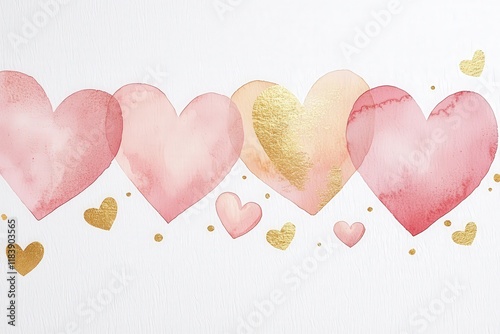 A beautiful watercolor illustration of hearts in soft pink and gold tones.
