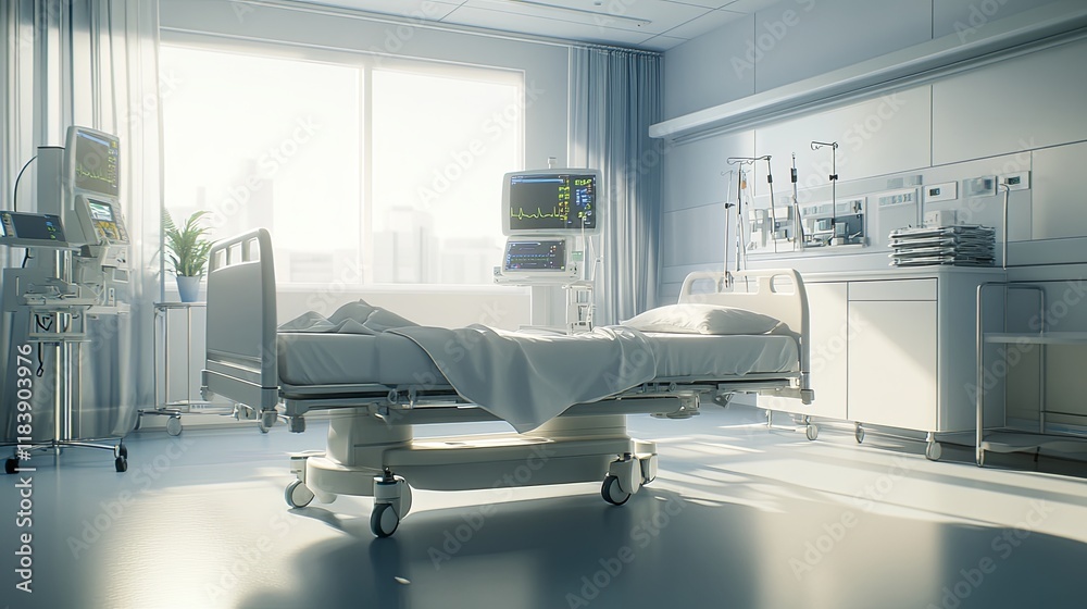 Serenity in a Hospital Ward: Neatly Made Bed with Natural Light Filtering Through Window, Surrounded by White Walls and Medical Equipment Serenity in a Hospital Ward: Neatly Made Bed with Natural Light Filtering Through Window, Surrounded by White Walls and Medical Equipment