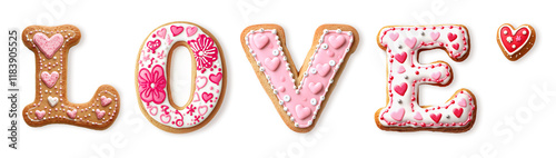 Letters LOVE made of cookie isolated on a white background. Letters decorated with red hearts, flowers and little stars. Valentine day, wedding event concept.