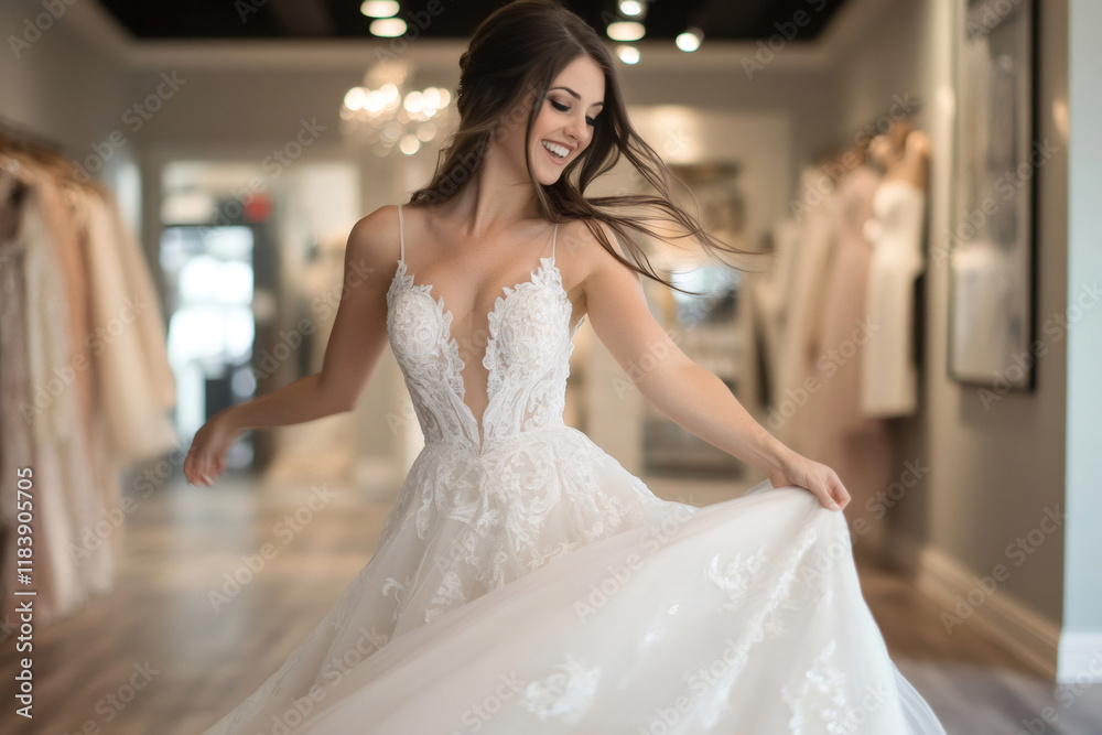 Naklejka premium Happy bride twirling her white wedding dress inside a bridal shop, choosing the perfect gown for her special day