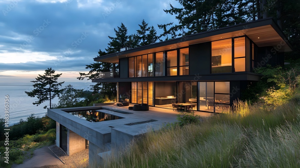 Fototapeta premium Modern Coastal Home at Dusk: Ocean View Luxury Residence