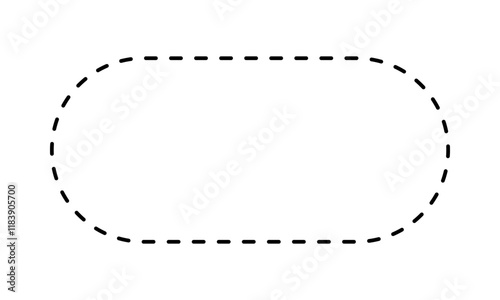 Dotted oval rectangle figure isolated on white background. Basic geometric shape with dashed stitches line. Cut here pictogram. Vector outline illustration.