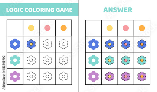 Logic coloring game with flower. Color the flower in correct color. Activity for kids in kindergarten and preschool. Isolated vector illustration eps 10