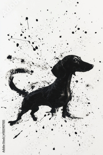 Black Ink Splatter Silhouette of Dachshund on White Background photo