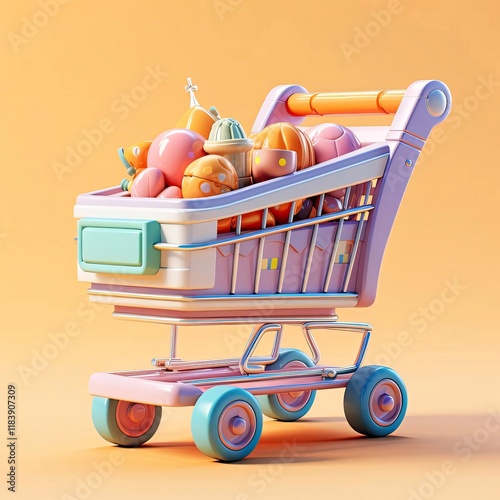 Pastel Shopping Cart, Fruit, Background, 3D Render. photo