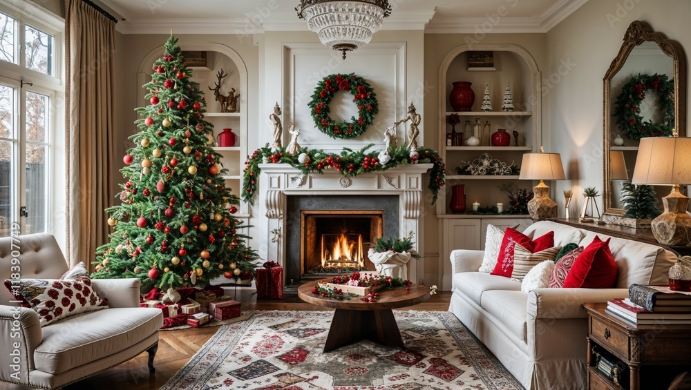 A cozy Christmas living room features a decorated tree near a warm fireplace, with holiday decor illuminating the indoor space A cozy Christmas living room features a decorated tree near a warm fireplace, with holiday decor illuminating the indoor space