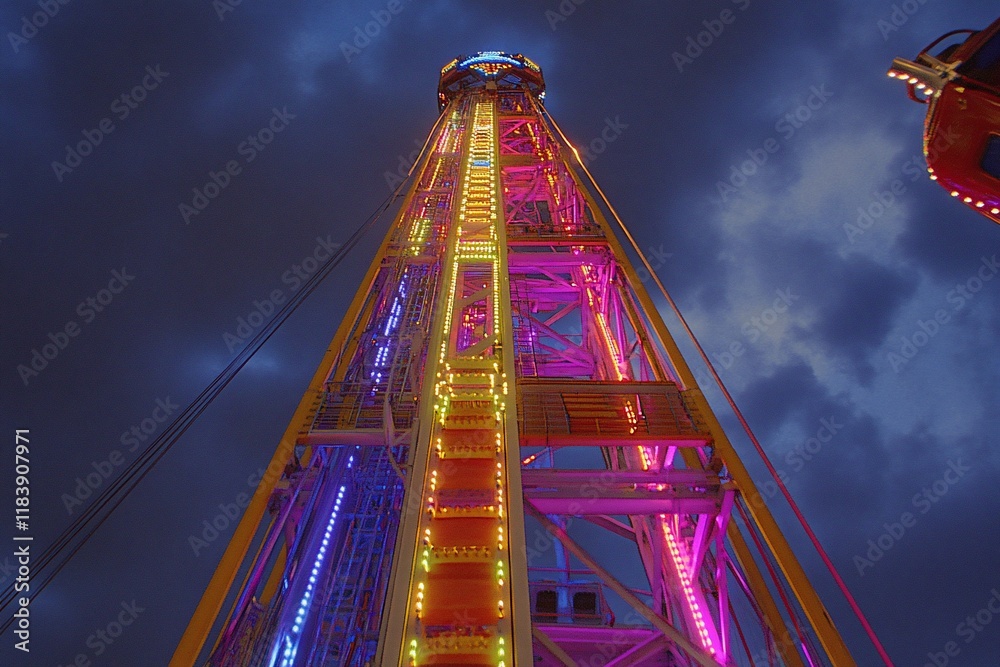 Obraz premium Illuminated amusement park tower ride at night.