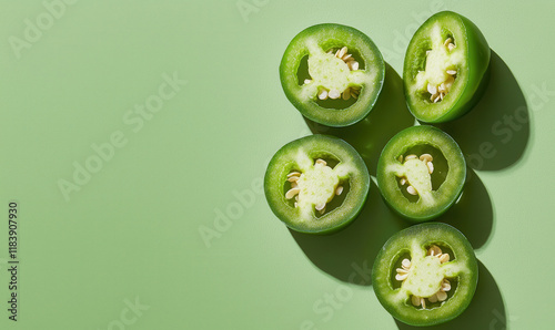 Vibrant Sliced Green Jalapeño Peppers on Textured Green Background