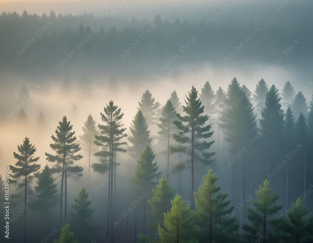 Obraz premium A misty pine forest at sunrise.