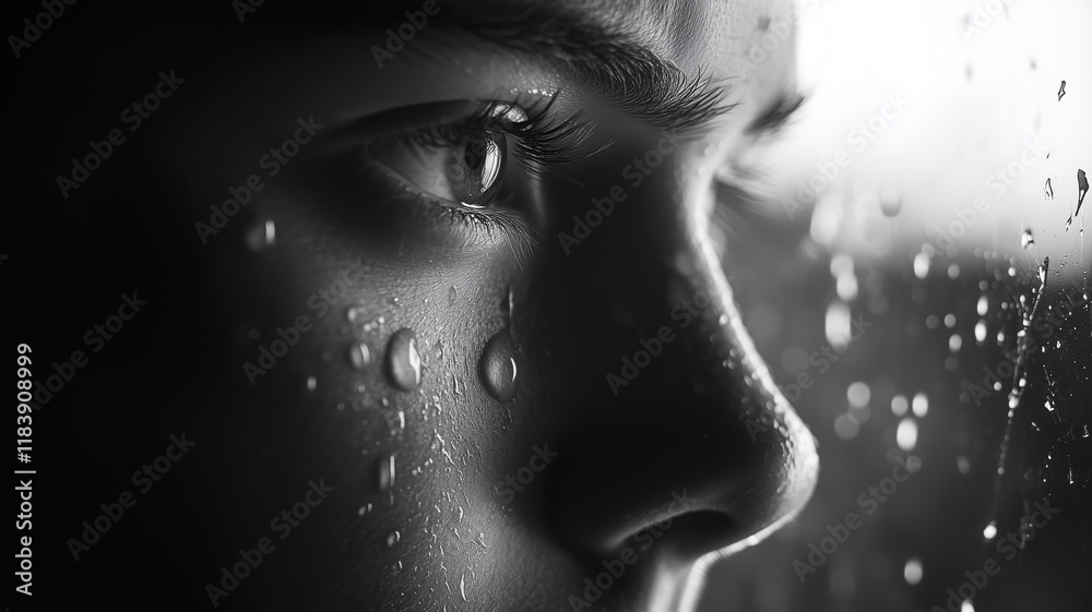 A black-and-white photograph of a person's face reflected in raindrops on a window, the drops magnifying details of their expression, soft backlight creating a moody and intimate atmosphere. A black-and-white photograph of a person's face reflected in raindrops on a window, the drops magnifying details of their expression, soft backlight creating a moody and intimate atmosphere.