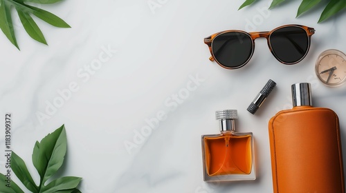 Luxury Accessories with Sunglasses and Perfume Bottles on Elegant Background photo