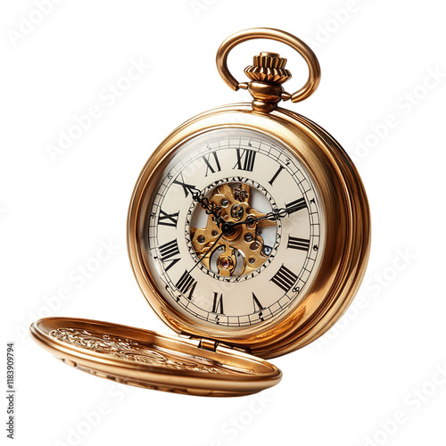 Elegant gold pocket watch displayed with open lid, gleaming surface reflecting light, set against a clean white backdrop