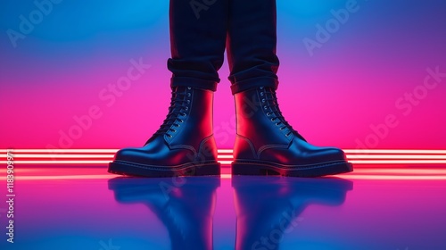 Black Leather Boots with Neon Pink and Blue Gradient Lighting on Reflective Surface photo