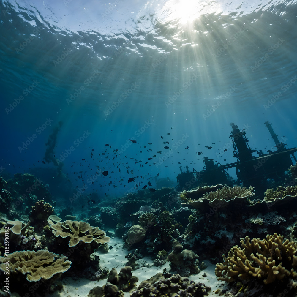 Fototapeta premium Vibrant underwater ecosystem with coral reefs and silhouette of an oil rig under sun rays