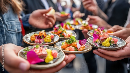 A group of friends trying gourmet fusion dishes at a food festival, each holding small plates of colorful food. photo