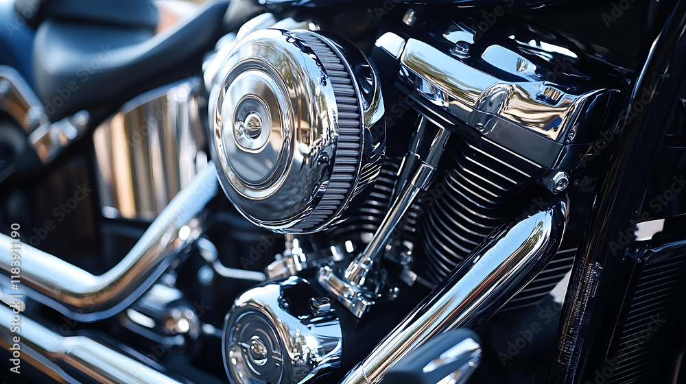 Close up view of a shiny motorcycle engine Close up view of a shiny motorcycle engine