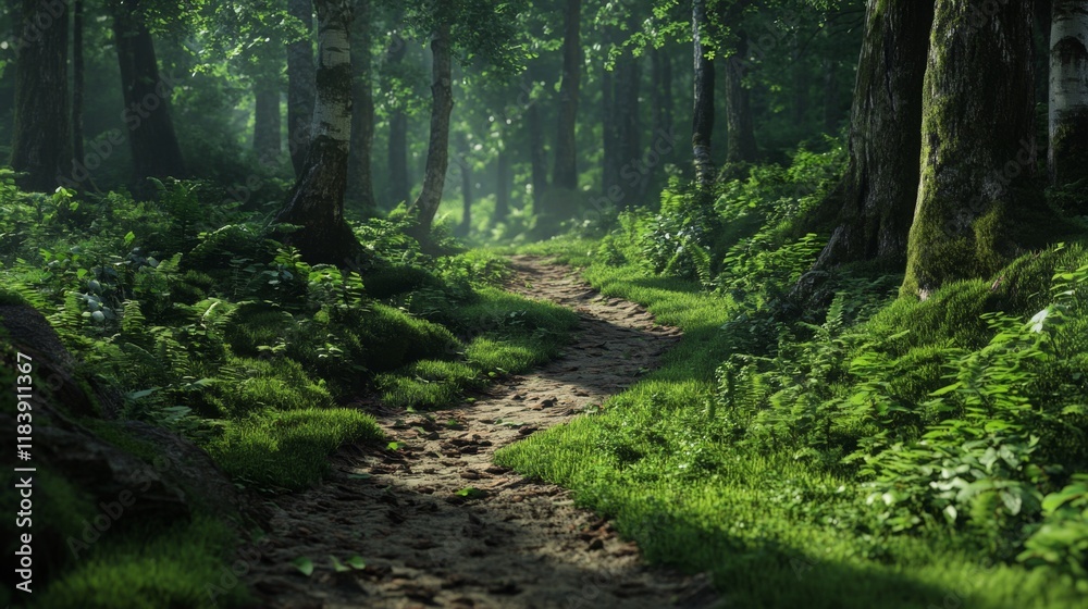 Fototapeta premium Lush Green Forest Pathway Surrounded by Sunlit Trees and Foliage