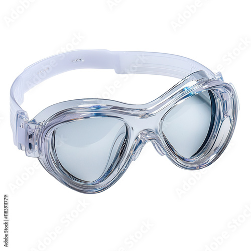 Shiny snorkeling goggles with clear strap on a pristine white background, ideal for aquatic adventures and water sports enthusiasts