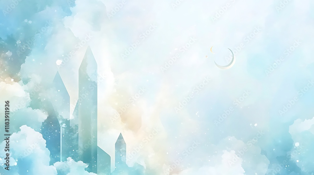 Serene Watercolor Sky with Crescent Moon and Towers Serene Watercolor Sky with Crescent Moon and Towers