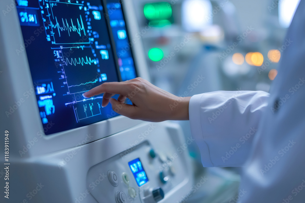 Medical professional interacting with advanced technology, analyzing patient information on a digital display in hospital setting Medical professional interacting with advanced technology, analyzing patient information on a digital display in hospital setting