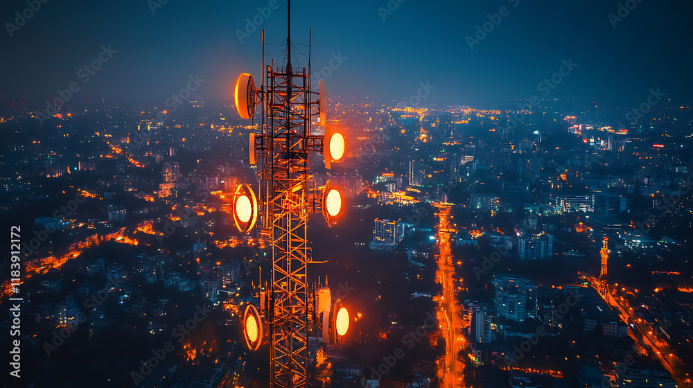 Fototapeta premium Communications tower, antenna for the 5g cellular network atop a in a nighttime metropolis