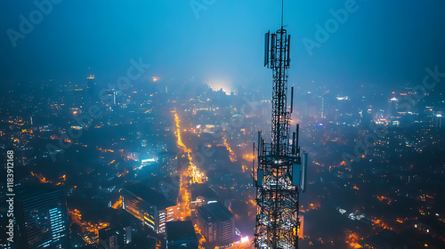 Communications tower, antenna for the 5g cellular network atop a in a nighttime metropolis