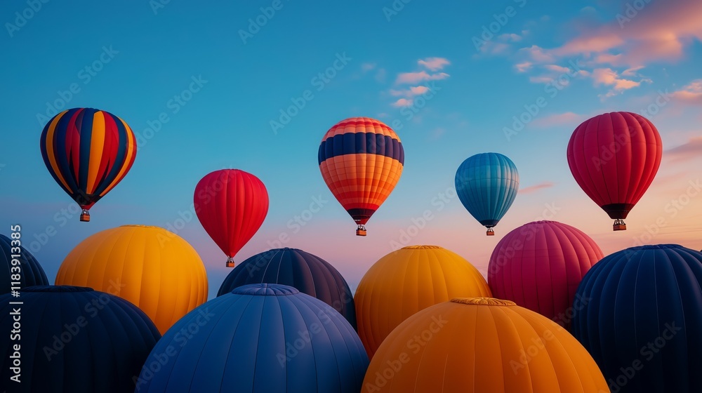 Fototapeta premium hot air balloons flying high during sunrise over beautiful rolling hills and sky.