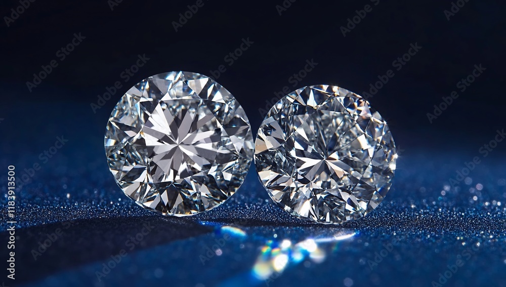 Two brilliant-cut diamonds on dark blue. Two brilliant-cut diamonds on dark blue.