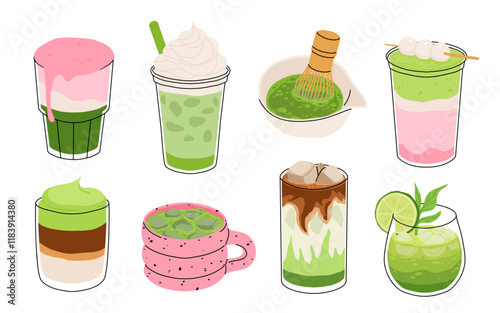 Set of Japan matcha cocktails. Collection of matcha drinks with latte , frappuccino, mojito, lemonade and coffee tonic. Green iced matcha latte in various cups. Flat cartoon vector illustration