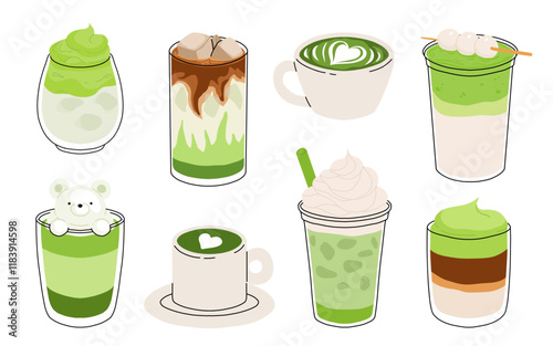 Set of Japan matcha latte. Collection of matcha drinks with latte art heart, leaf, bear, cat. Green iced matcha latte in various cups. Vector Illustration, flat cartoon Icons.