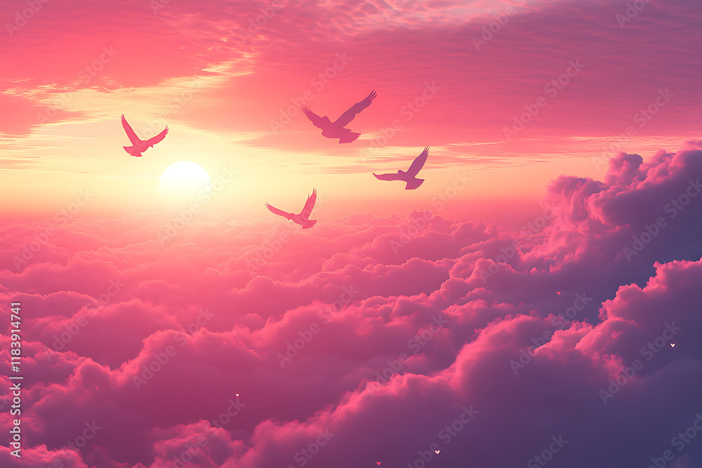 Sunset Gradient with Flying Doves and Heart-Shaped Clouds Sunset Gradient with Flying Doves and Heart-Shaped Clouds