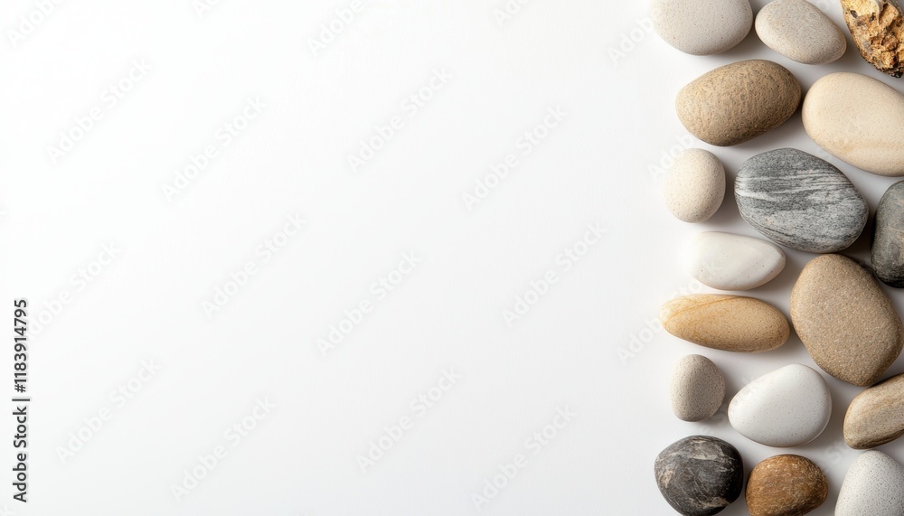A smooth, polished river stone in neutral tones placed on a clean white background, emphasizing its natural simplicity A smooth, polished river stone in neutral tones placed on a clean white background, emphasizing its natural simplicity