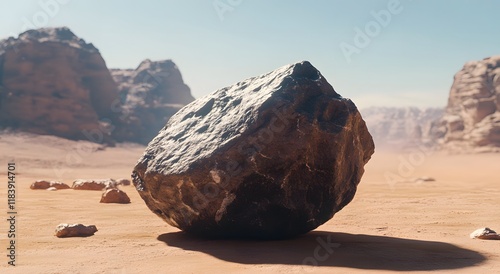 A large rock rich in lithium, part of a valuable resource, lies in a desolate desert. photo