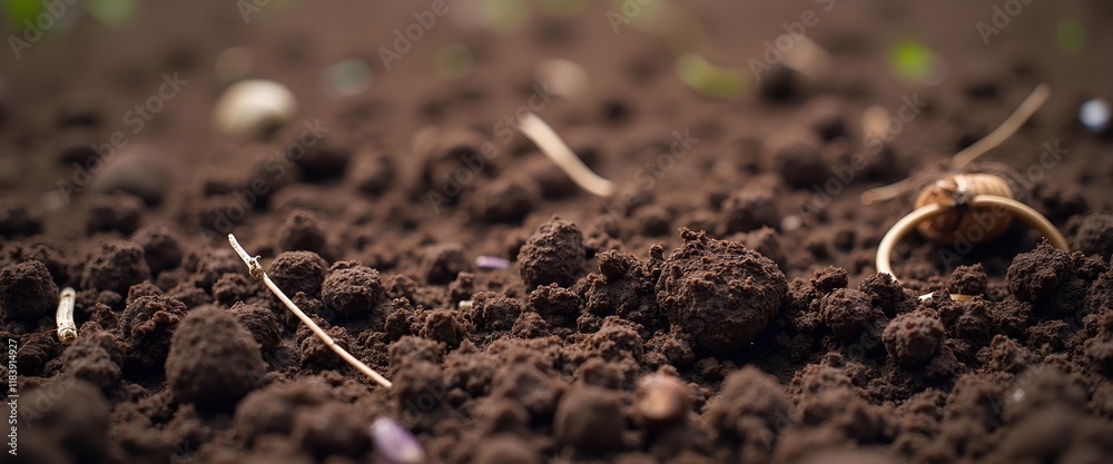 Fototapeta premium Close-up of dark soil with sprouting seeds and small twigs. A texture rich image showing the beginning of new growth.