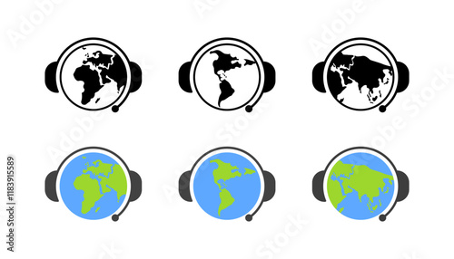 Earth set icons. Headphones icons. Silhouette and flat style. Vector icons.