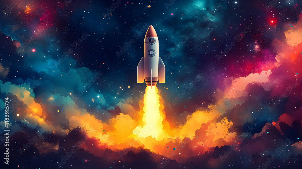 Fototapeta premium Rocket launching amidst cosmic nebula