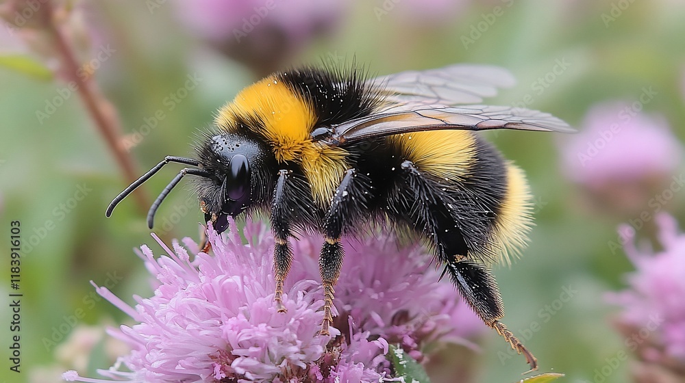 Bumblebee pollinating flower, meadow, close-up, nature Bumblebee pollinating flower, meadow, close-up, nature