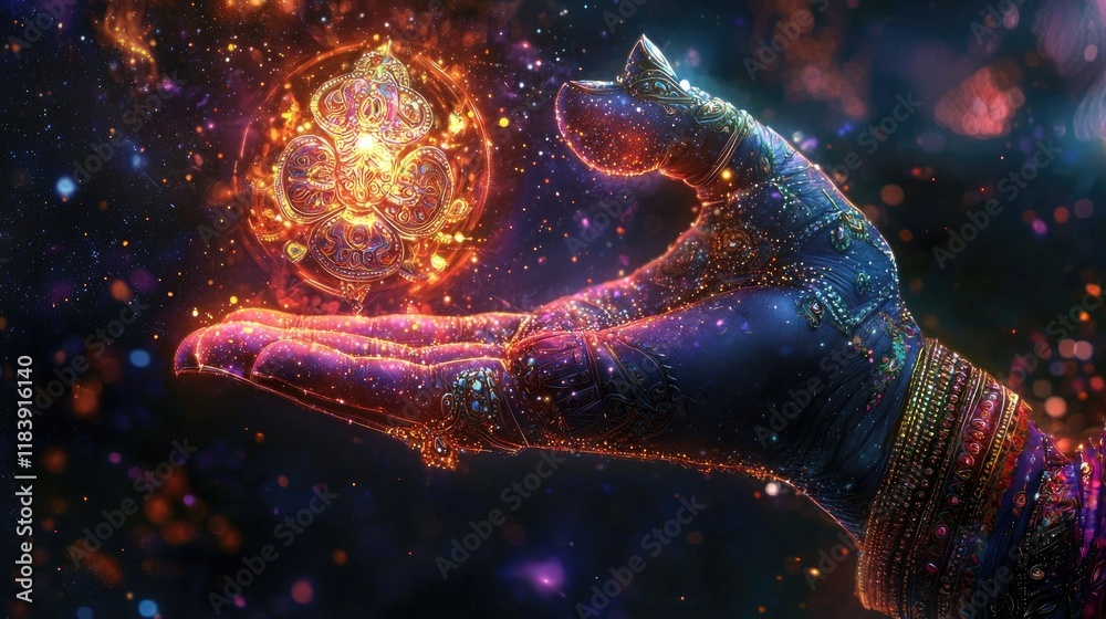 A hand adorned with glowing mystical symbols and intricate patterns, surrounded by ethereal smoke and ambient light. Generative by AI. A hand adorned with glowing mystical symbols and intricate patterns, surrounded by ethereal smoke and ambient light. Generative by AI.