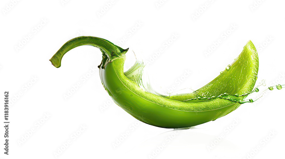 Slice of green pepper in motion isolated on white back ground Slice of green pepper in motion isolated on white back ground