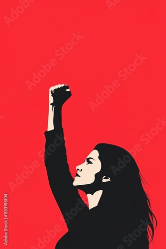 Illustration of a woman raising her fist in the air on a red background, protest, women's day celebration, with copy space.