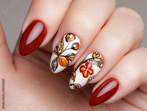 January Nail Art Trends, A close-up of a hand with intricate nail art featuring garnet-inspired designs, highlighting popular January styles photo