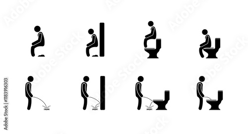 Right and wrong ways to go to the toilet set icons. Silhouette style. Vector icons.