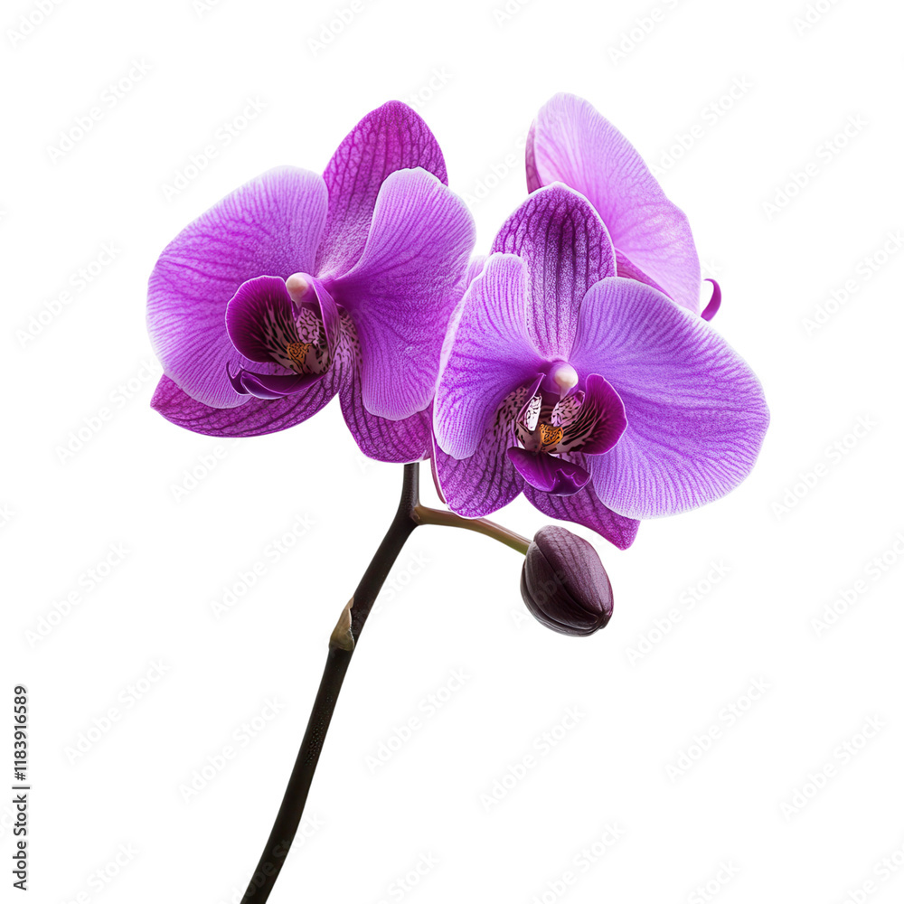 Fototapeta premium Vibrant Purple Orchid on White Surface, a striking single bloom with an elegant long stem, perfect for digital design and backgrounds