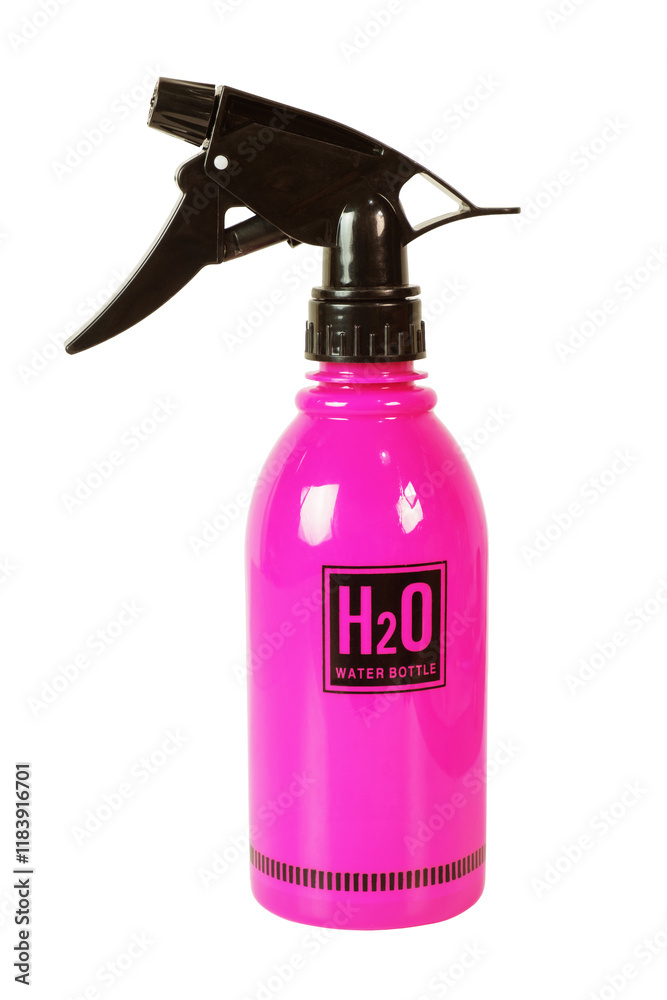 Hot pink plastic water spray bottle isolated on white background Hot pink plastic water spray bottle isolated on white background